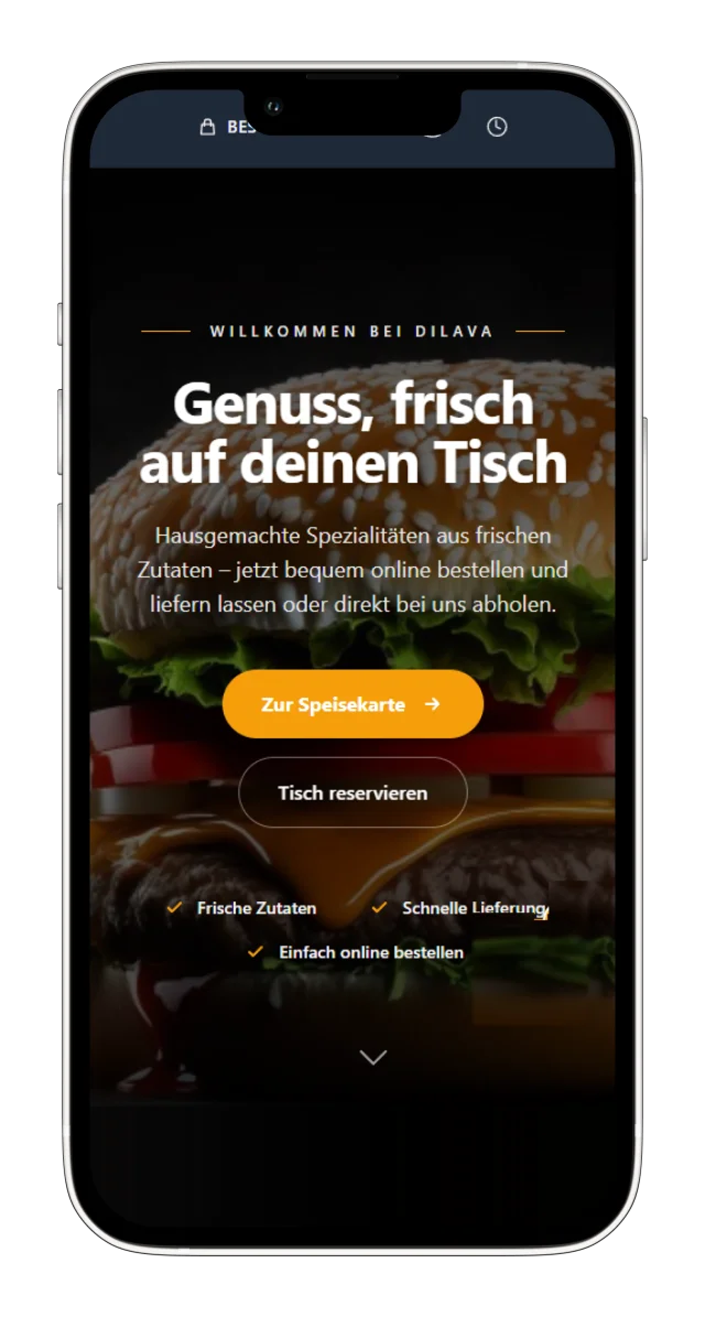Mobile Startseite eines Bestellbiene-Shops im dunklen Design auf einem Smartphone