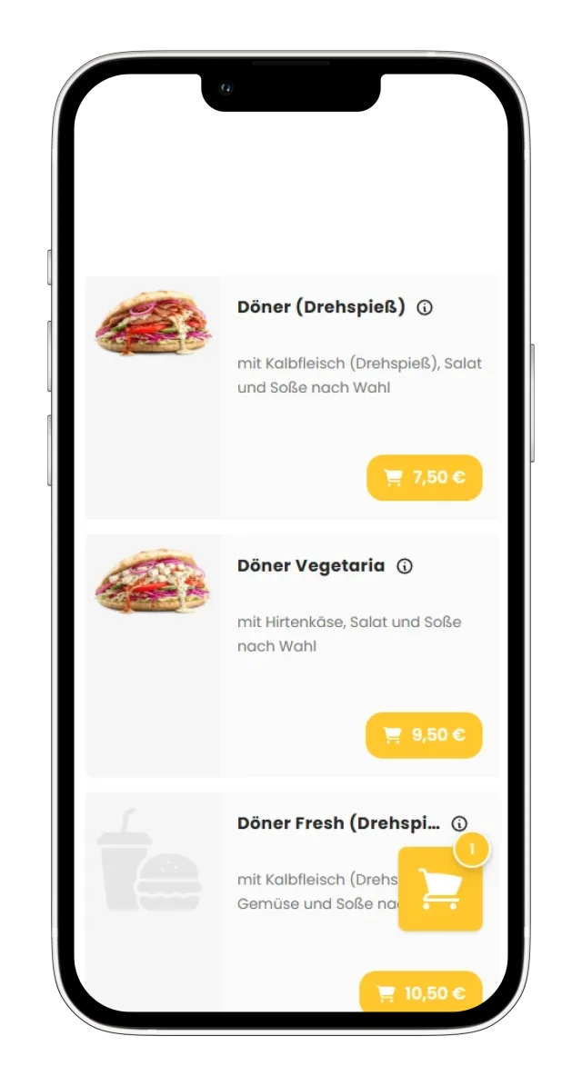 Mobile Speisekarte mit Produktbildern und Warenkorb-Symbol auf einem Smartphone