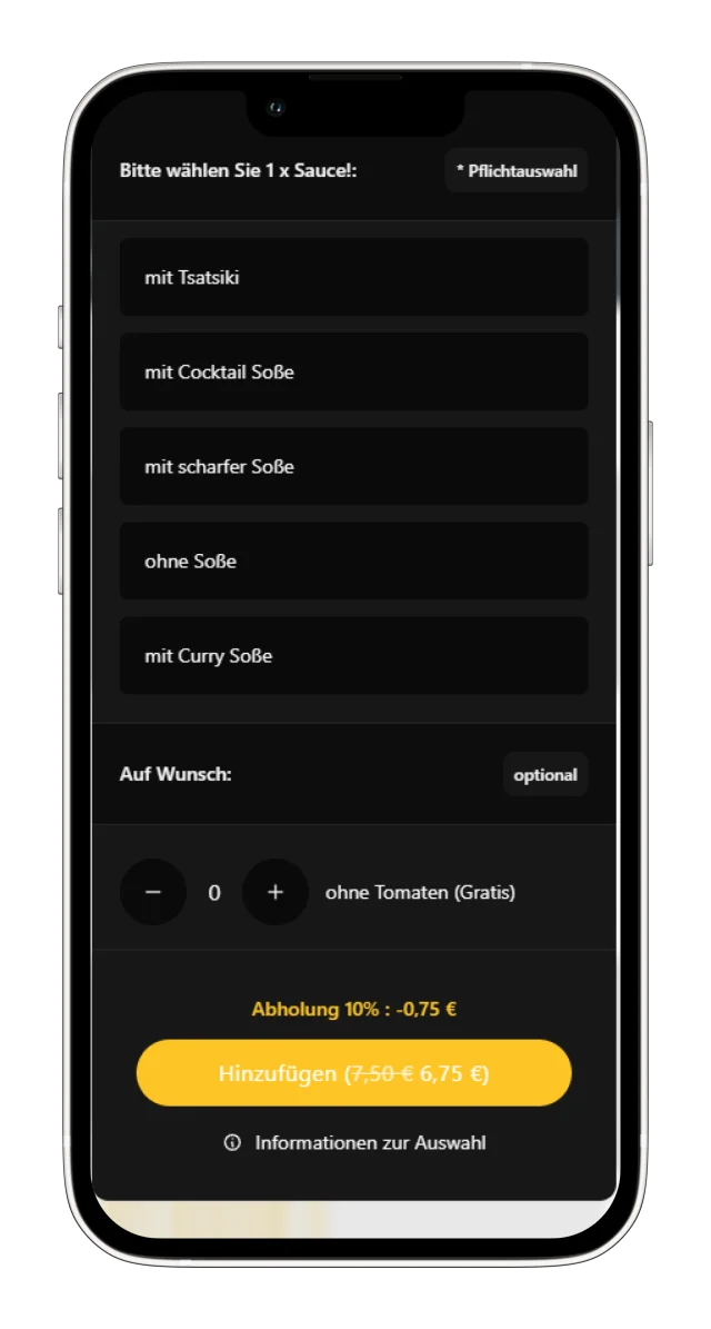 Soßen-Auswahl im dunklen Shop-Design mit Abholrabatt und Strichpreis auf einem Smartphone