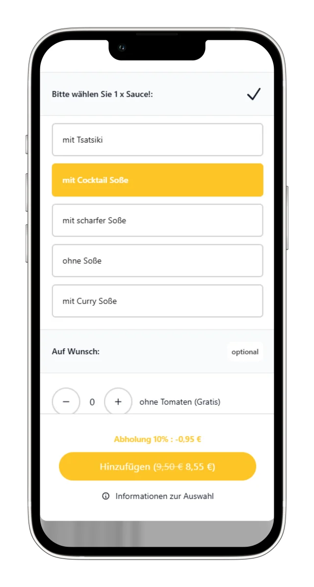 Soßen-Auswahl im hellen Shop-Design auf einem Smartphone