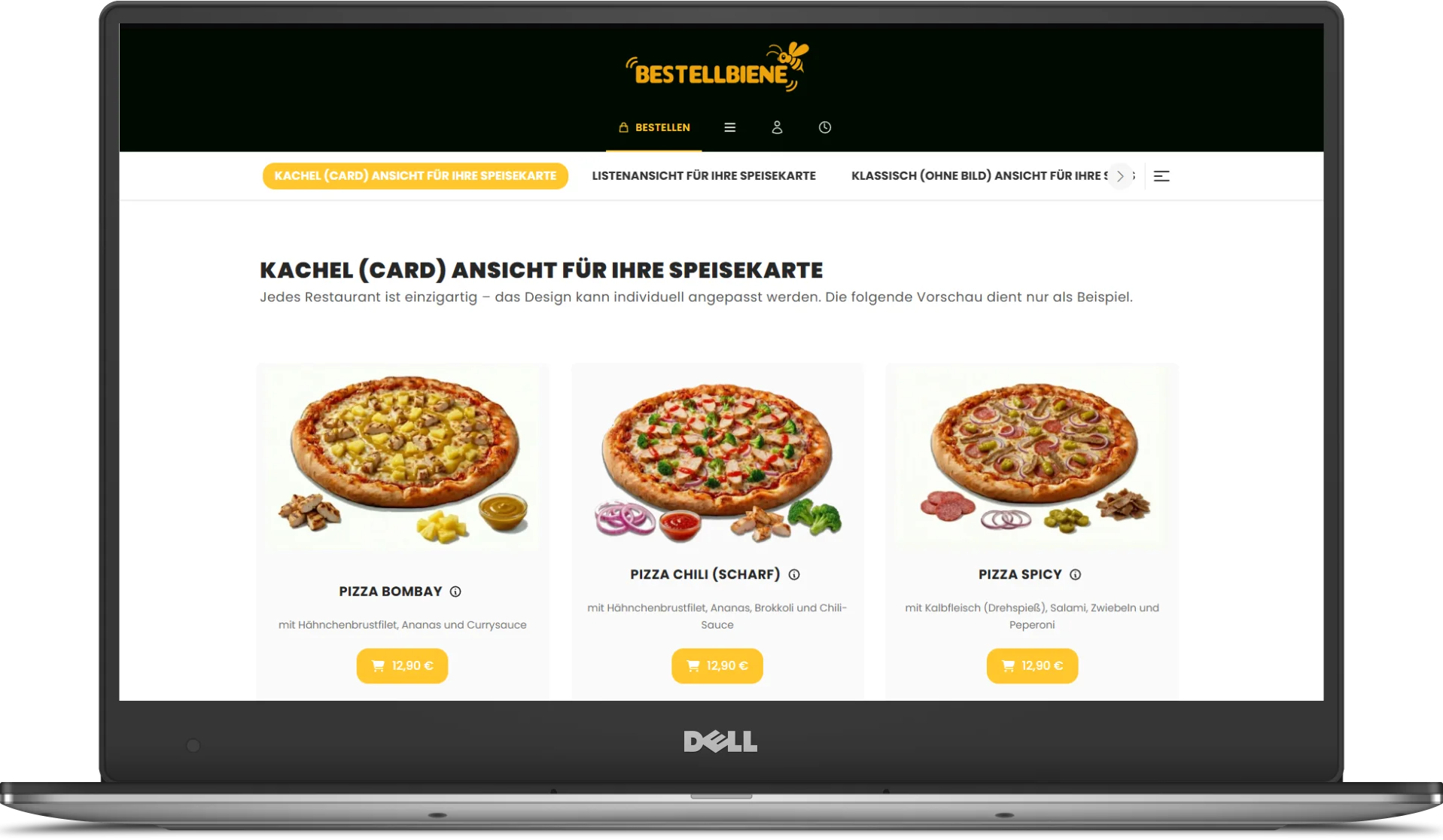 Speisekarte eines Bestellbiene-Shops in der Kachel-Ansicht auf einem Laptop