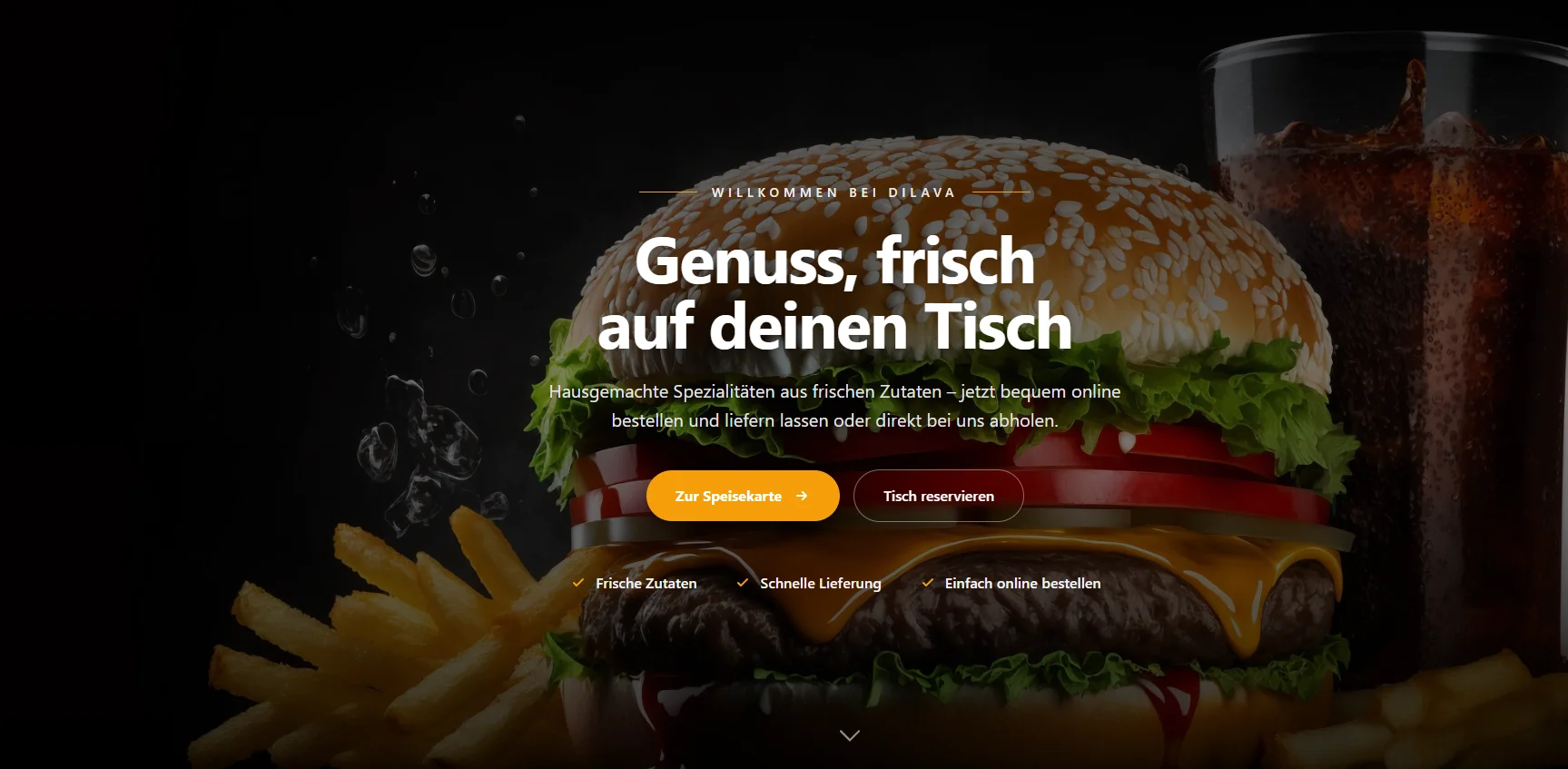 Startseite eines Bestellshops im dunklen Design mit Speisekarten-Button