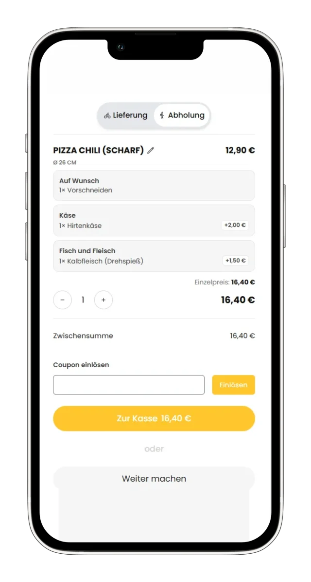 Warenkorb mit Extras, Umschalter Lieferung/Abholung und Coupon-Feld auf einem Smartphone